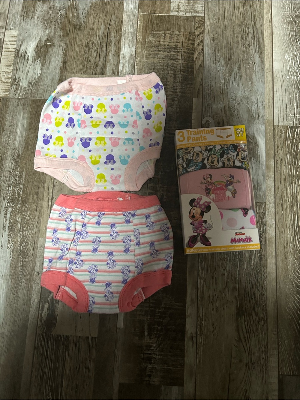 Pink and printed Minnie Mouse Training Pants - Girls (3-Pack) and 2 bonus unworn
